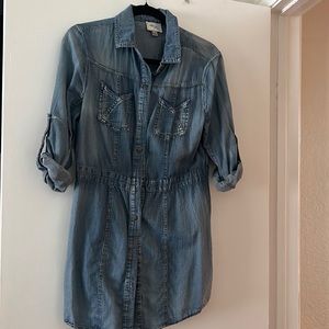 Beige by eci denim colored button up dress, size M